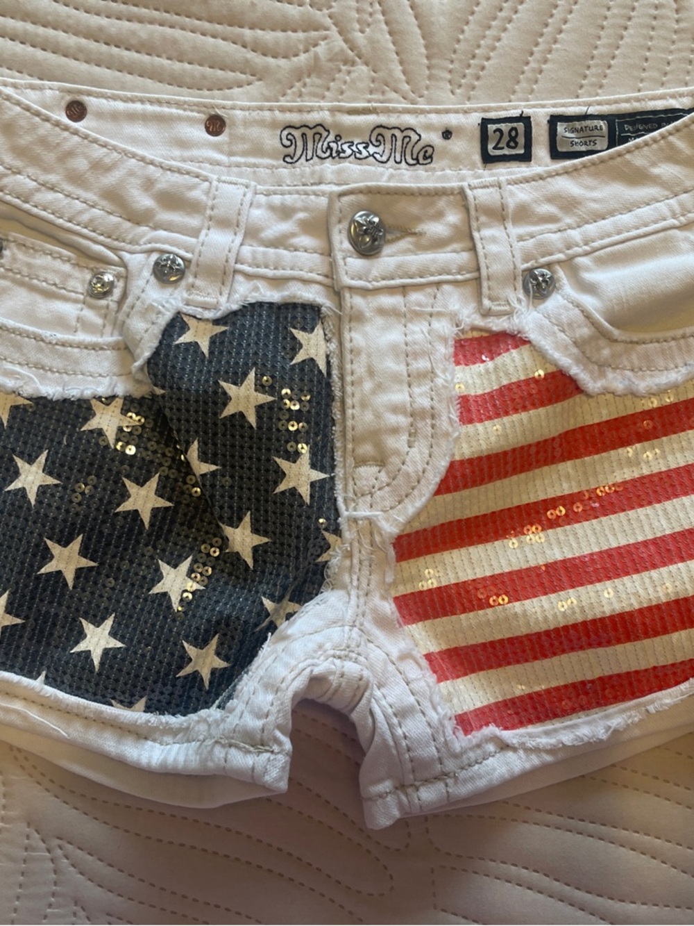 Miss Me White Jean Shorts Distressed with Sequined American Flag Panels